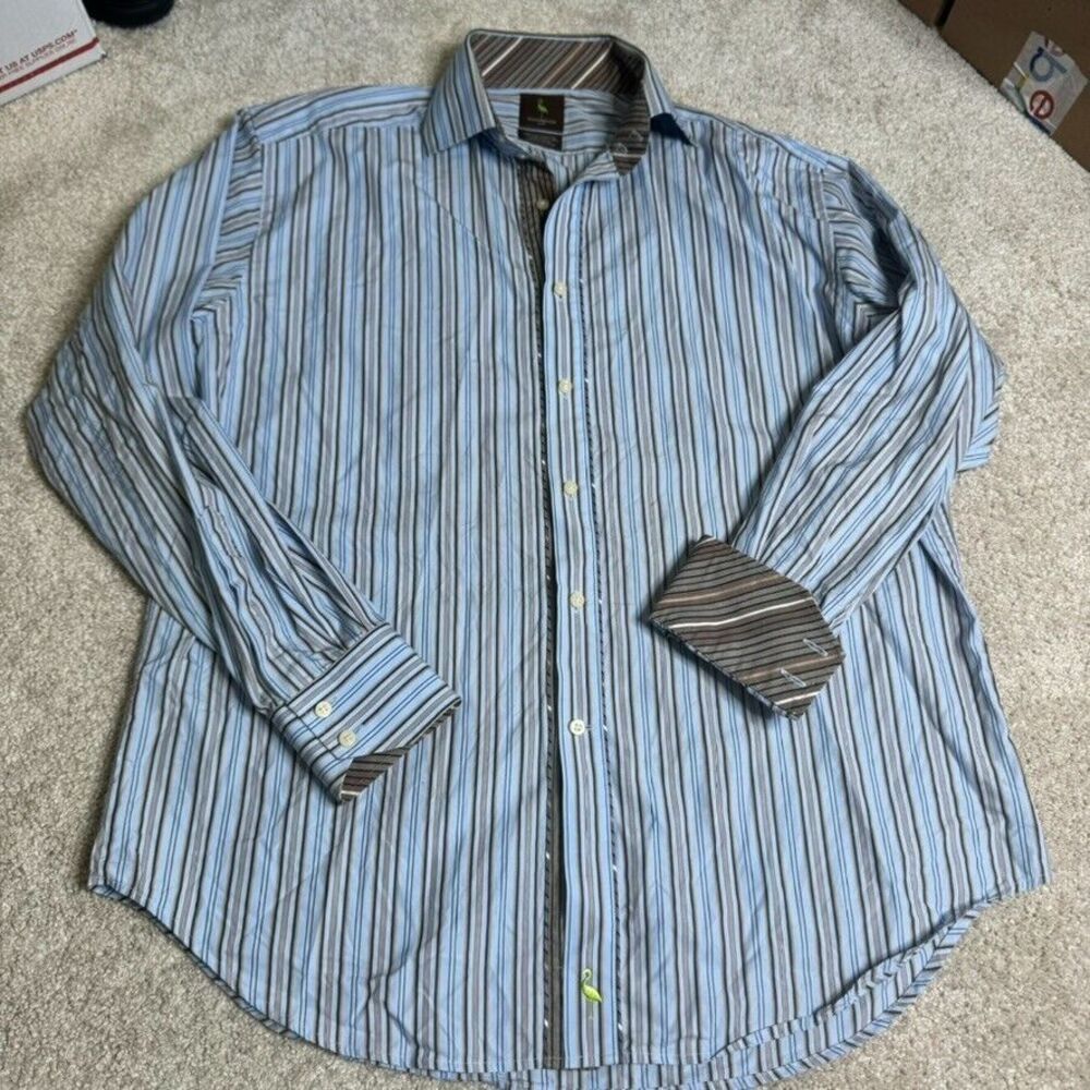 TAILORBYRD Shirt Button Down Blue Brown Stripe MENS LARGE Roll Cuff Detail